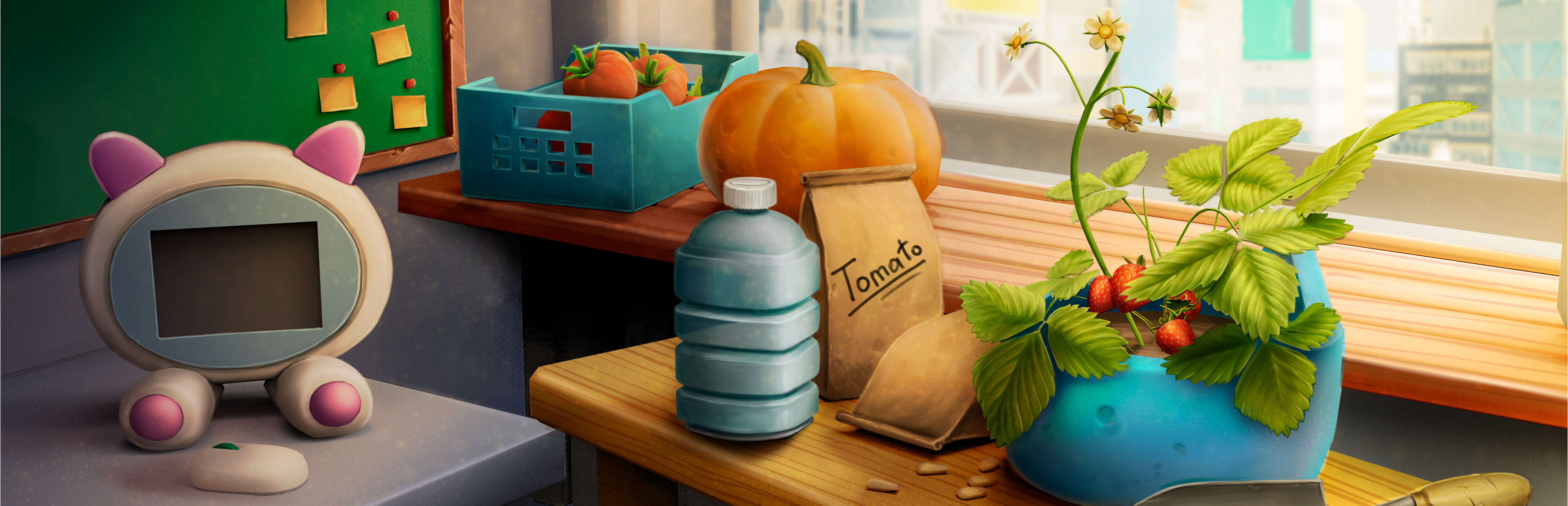 Tiny Eden official Steam art — cozy futuristic apartment garden
